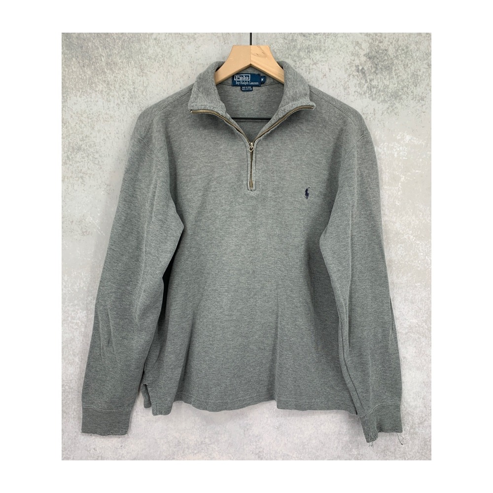 Polo Ralph Lauren Sweater Mens Medium Gray Cotton Distressed 1/4 Zip Cotton